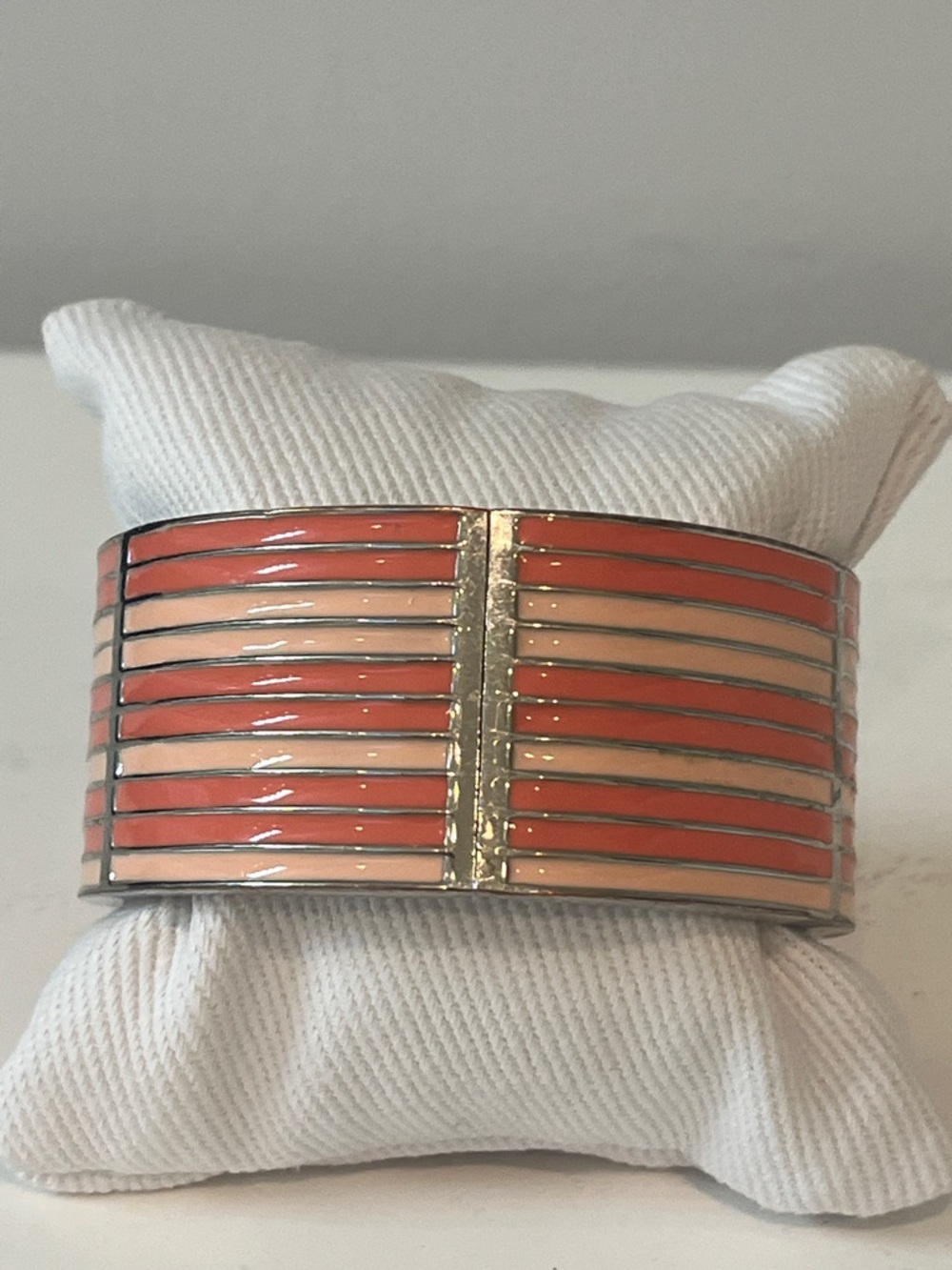 Wide Vintage Enamel Stripe Cuff Bracelet - Coral & Light Peach